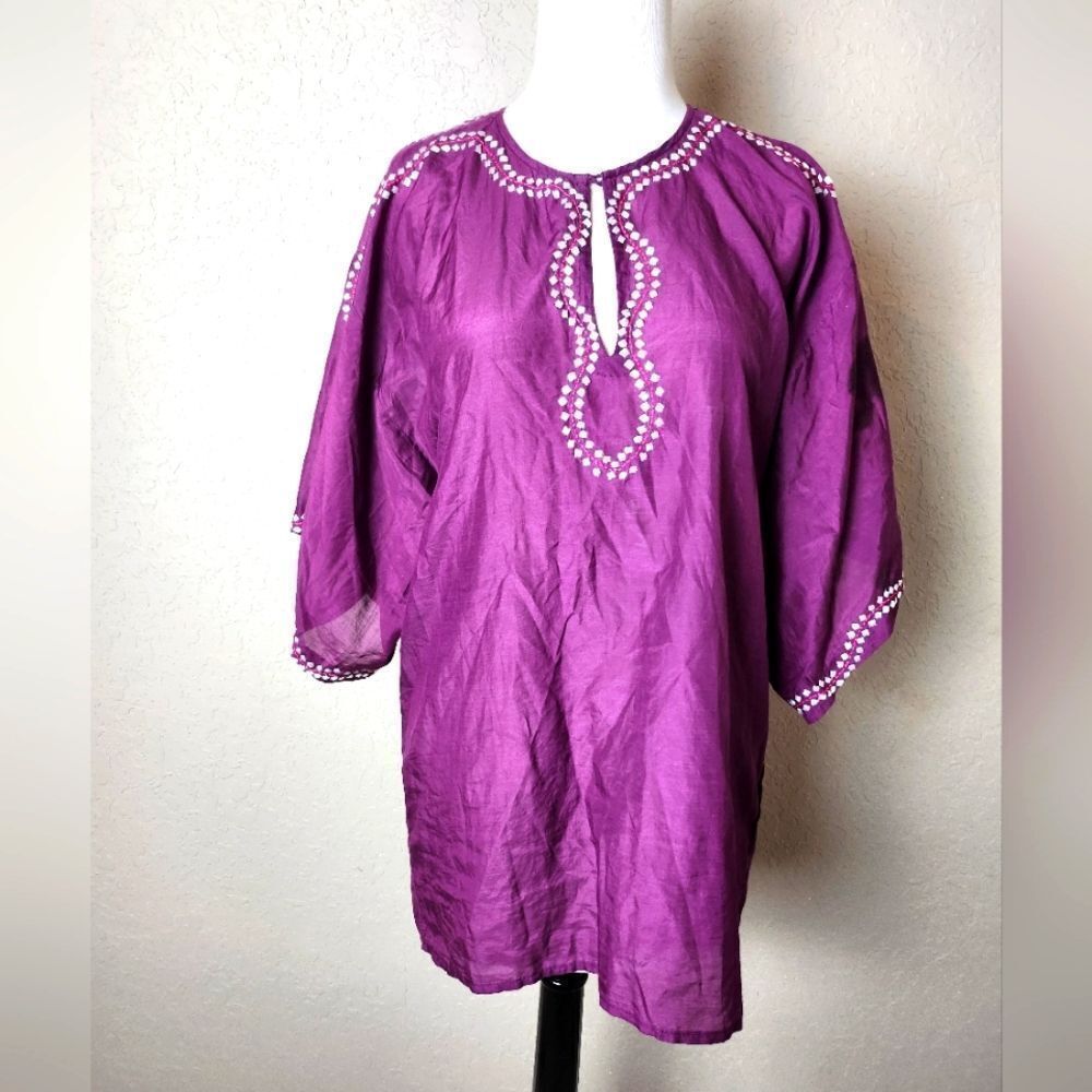 Kas New York Embroidered Silk Blend Purple Top Tunic Blouse Size M